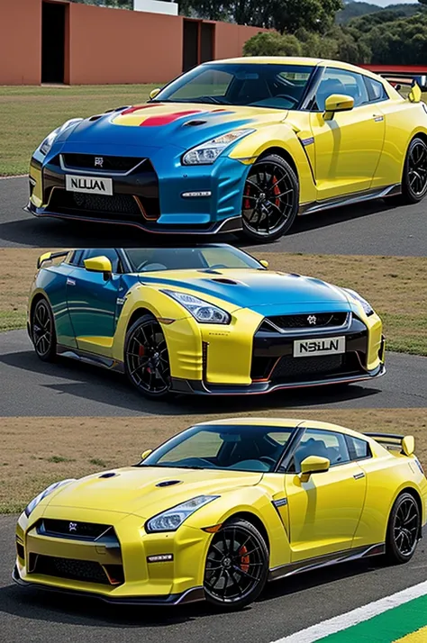 Create an image of a yellow, blue and red Nissan GTR car that says Colombia Champion in the window and has two flags, one from Argentina and the other from Colombia, and the Copa América on top of the car. 