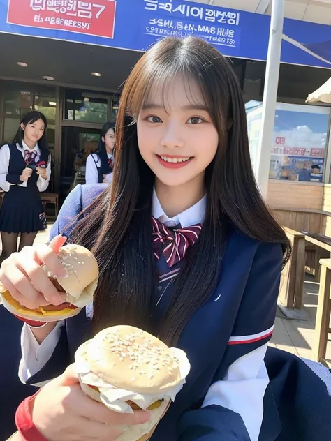 (A commemorative photo of a super cute Korean female college student duo eating hamburgers together in their school uniforms:1.2)(grin,smile:1.1)(Beautiful Sweat:1.1)(16K, RAW Photos, Highest quality, masterpiece: 1.2),(Glossy black hair with cute twin tai...