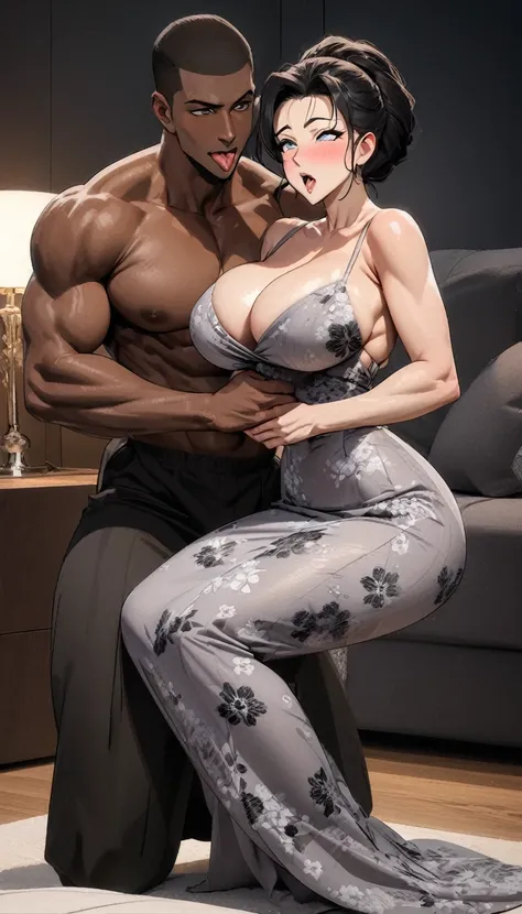 (1 young man), (1 asian Mom), (Duet), A mom seduces a young blackman，（strong and naked black man，short pants，muscle body，bodybuilder），（a young mom with big breasts，narrow waist，bare shoulders，(long skirt dressed, floral print, naked）, European 40 year old ...