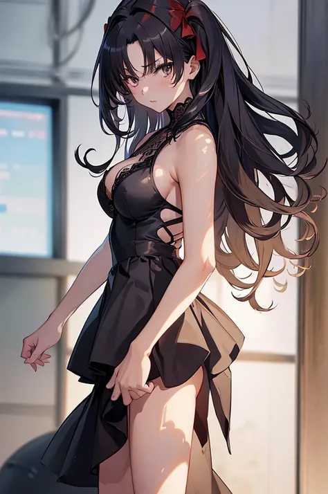 独奏、NSFW、(Big Tits、Big Breasts)、((Black hair straight、Black hair medium bob))、(tall、Toned body、slim body、Brown Skin、Sunburn、Big Breasts)、（Slanted Eyes、Dark Eyes）、(Sleeveless white dress、Sexy one piece、Semi-transparent lace dress)、School、Bright classroom、Fem...