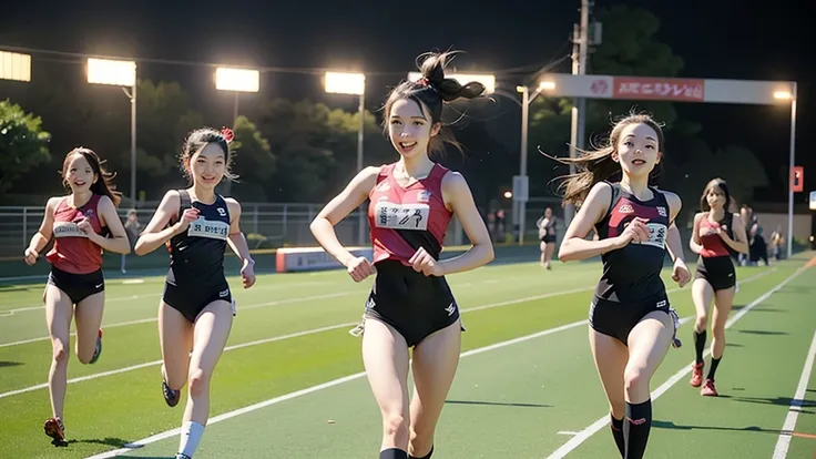 Purple and red female athlete runs on track with other athletes, akikazu mizuno, Kazami Yuuka, Kazue Kato, akiko takase, Chiho Ashima, Teshirogi Shiori, Shoko Nishimiya, Aoi Ogata, Mao Hamaguchi, Sui Ishida, Hanekawa Wings,It&#39;s like Lisa Simpson has co...