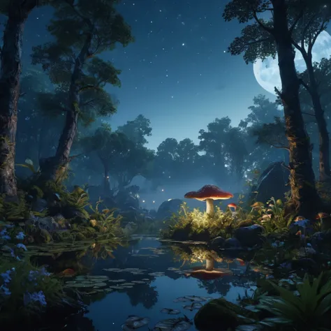 a dense dark forest under starry sky, detailed trees, moonlight, mist, detailed foliage, detailed leaves, detailed bark, detailed rocks, detailed undergrowth, detailed mushrooms, detailed flowers, detailed wildlife, detailed birds, detailed insects, detail...