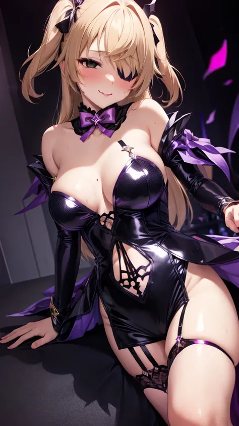 Erotic、Purple sequin long dress　Pink line、Twin tails、Evil female executive、sexy、Erotic Sneer、tall、adult、lure、Alluring、Pitch black background、Dark bedroom at night、White open fur coat jacket