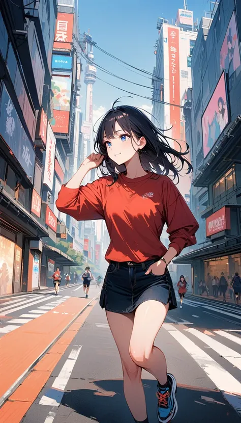 (masterpiece, best quality:1.2), very beautiful girl, alone, Tokyo,Billboard, tall building, happy expression, blue eyes, Accurate face, shirt, short skirt, running shoes, simple background, Nizi,