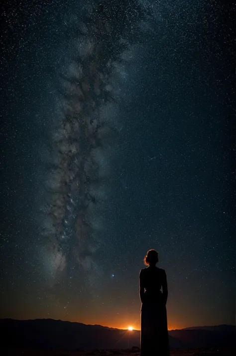 space image, where stars are observed, Planets, and in the distance the silhouette of a woman 