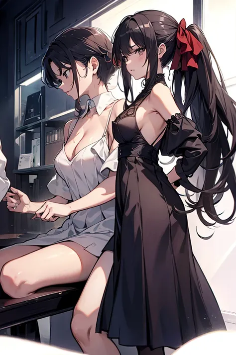 独奏、NSFW、(Big Tits、Big Breasts)、(Sleeveless white dress、Sexy one piece、Semi-transparent lace dress)、((black hair medium straight、Black hair medium bob))、(tall、Toned body、slim body、Brown Skin、Sunburn、Big Breasts)、（Slanted Eyes、Dark Eyes）、(Sexy look、Erotic lo...