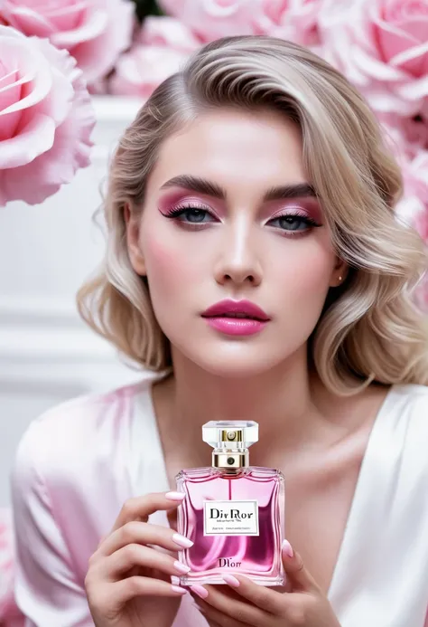 beautiful and elegant blonde woman looking at the camera white , pink dior perfume propaganda