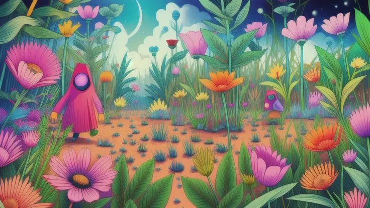 Mind Warp , There are maracas in the middle of a field of flowers and plants.、Chris LaBroy, Detailed illustrations, Album cover, Psychedelic Art