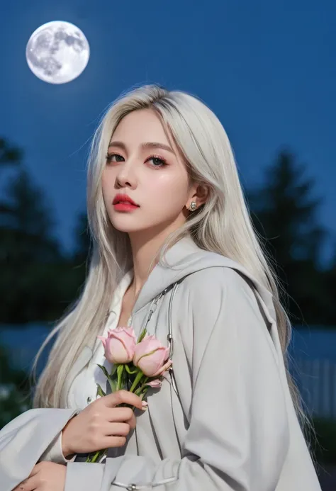 Masterpiece Best Night Full Moon 1 Female Sister Rain Sister Cold Face Expressionless Silver White Long Hair Woman Light Pink Lips Calm Intellectual Three Rings Gray Eyes Assassin Dagger, Flowers, Card Details, Finger details,