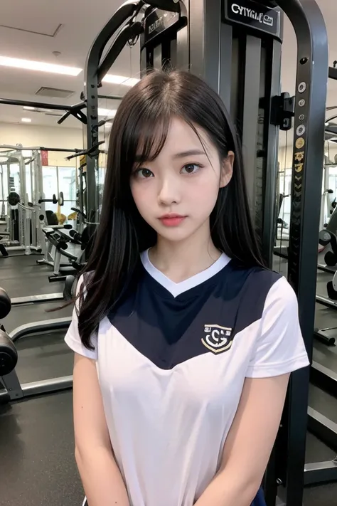 8K、high resolution、work of art、realisitic、in detail、fine texture、portrait from head to toe、hight contrast、standing alone、high school girl、Natural body shape、Caucasian skin、Make-up natural、Bblack hair、bangss、long straight hair、((School-specific gym clothes)...