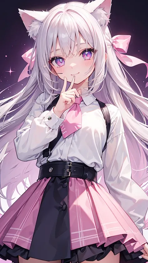 Highly detailed face,fine grain,Sparkling eyes,Highlighted eyes,Medium chest,pretty girl, smile,Longing eyes,Cat ear, Beautiful silver hair,Pink inside,Beautiful pink eyes, finger to mouth,Oversized shirt,skirt