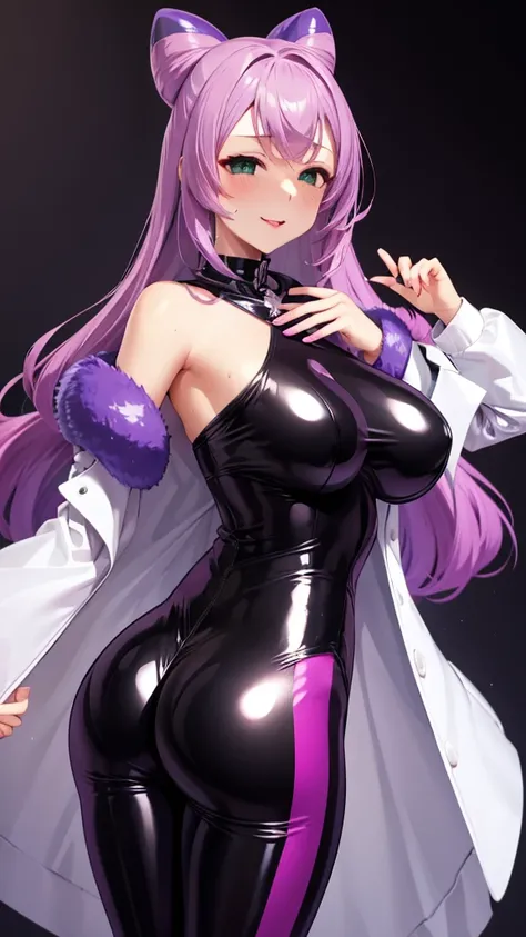 Erotic、Purple latex rubber suit　leggings　Pink line、Evil female executive、sexy、Erotic Sneer、tall、adult、lure、Alluring、Voluptuous ass、Pitch black background、Dark bedroom at night、White open fur coat jacket