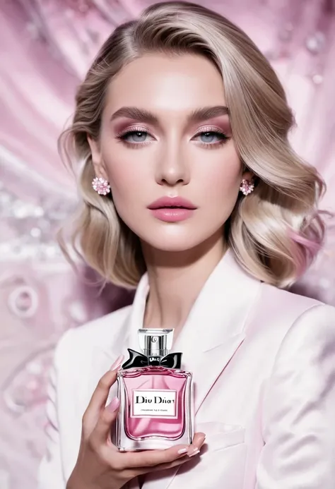 beautiful and elegant blonde woman looking at the camera white , pink dior perfume propaganda