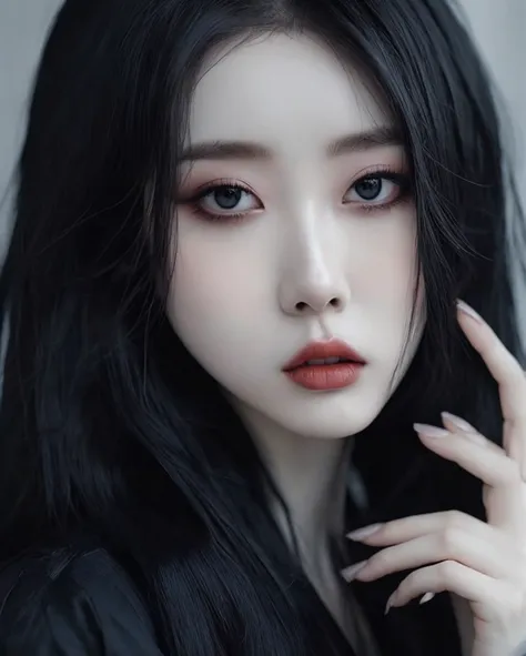 there is a woman with a pair of scissors in her hand, pale snow white skin, ulzzang, clear lips and high quality, cruel korean g...