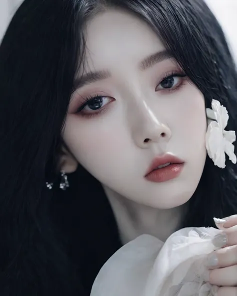 there is a woman with a pair of scissors in her hand, pale snow white skin, ulzzang, clear lips and high quality, cruel korean g...