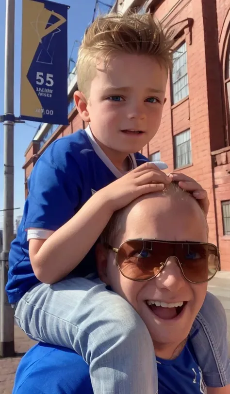 .8 year old boy blond hair , blue shirt with white stripes , old man with sunglasses and blue shirt