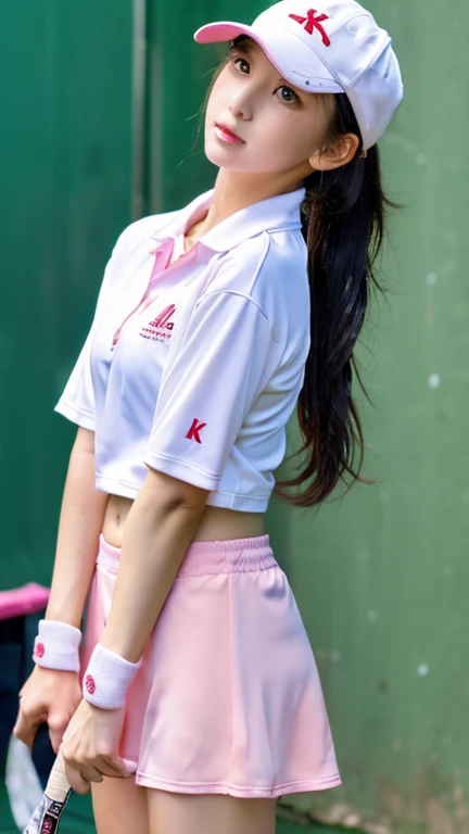 (8K、Highest quality、masterpiece:1.2)、White and pink outfit、Very detailed、Ultra-high resolution、1 Girl、Beautifully detailed face、(Slim waist) :1.3)、Beautiful and detailed skin、Skin Texture、Floating Hair、((Wet with sweat))、Human whole body、ponytail、tennis Cl...