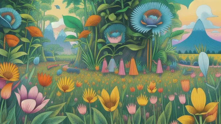 Mind Warp , There are maracas in the middle of a field of flowers and plants.、Chris LaBroy, Detailed illustrations, Album cover, Psychedelic Art