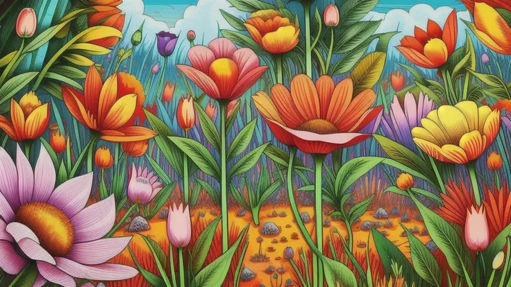 Mind Warp , There are maracas in the middle of a field of flowers and plants.、Chris LaBroy, Detailed illustrations, Album cover, Psychedelic Art