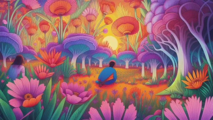 Mind Warp , There are maracas in the middle of a field of flowers and plants.、Chris LaBroy, Detailed illustrations, Album cover, Psychedelic Art