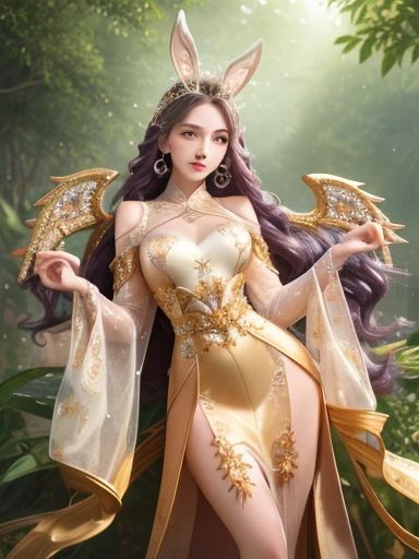 1girl, woman of the Renaissance,very bright light, pouting,jwy1,((see-through)), {beautiful and detailed eyes}, ((hands behind back)),sumptuous jewel, tiara, wet, rainy forest, 18 yo,(angel_wings),CHIBI,1 girl,wonyounglorashy,rabbit ears,long dress,long ha...