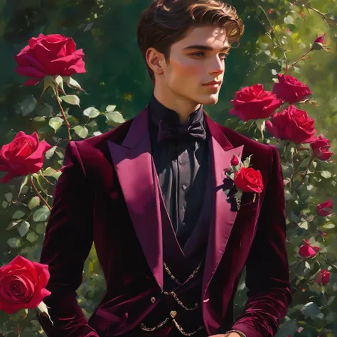 Create an image of a young man inspired by the characteristics of the rose The Prince. The male model, prince eyes, sweet smile, standing in a poised and regal posture, with hand lightly resting by his side, evokes a sense of deep contemplation and eleganc...