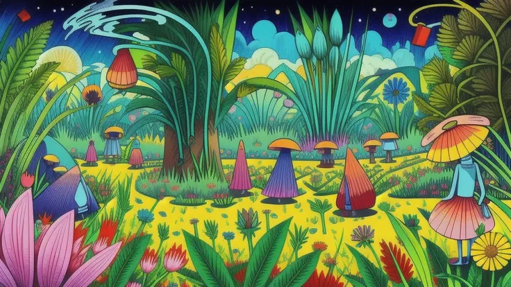 Mind Warp , There are maracas in the middle of a field of flowers and plants.、Chris LaBroy, Detailed illustrations, Album cover, Psychedelic Art