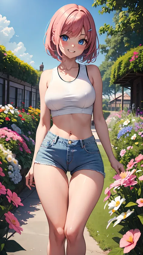 1girl, anime girl, anime, dark skin, 2d girl, 16y, (fullbody), standing, anime girl, blue eyes, grin, (short hair, pink hair, hair clip), casual shirt, Solo, Slim, medium Breasts, sfw, Tight Shorts, low waist shorts, upshorts, the garden background, flower...