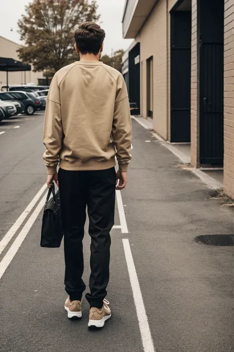 Photo of a parking lot showing a man from behind wearing black pants, a brown sweatshirt and beige tennis shoes 