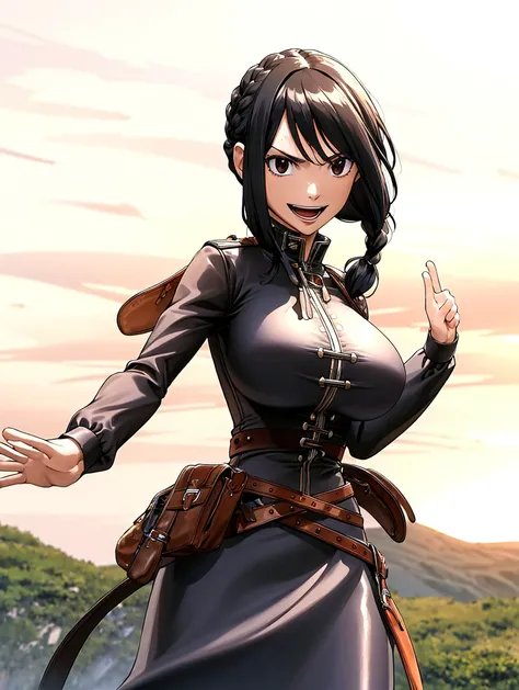 masterpiece, best quality, highres, black hair, long braided black hair, large breasts, medieval leather corset with medeieval dress, belt, cowboy shot, standing, looking at viewer, outdoors, waving, open mouth, smiling