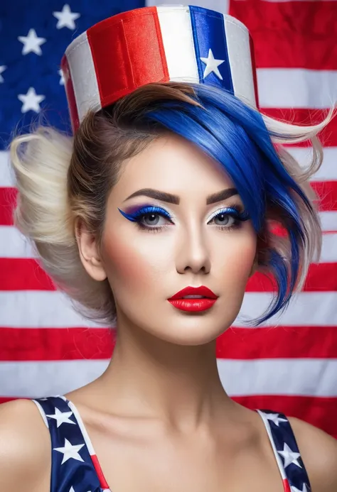 A Beauty woman with dressed with american flag and Donald Trump hair style