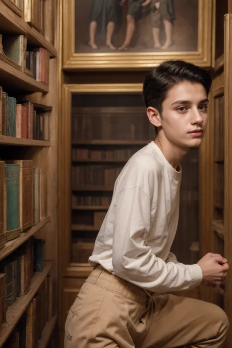 A cute, beautiful twink male with black hair and a face with makeup. He is wearing a white long-sleeved shirt and brown pants. He is in the Antiquities Museum, the golden historical books, and he is looking in amazement.