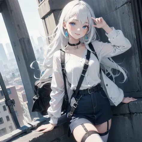 (Masterpiece, Best quality, ultra high resolution), (((1 girl))), Silver hair, Pale skin, Beautiful detailed face, Detailed eyes, posing on a white background, Dynamic lighting, dynamic shadowing, looking at viewer, White street punk fashion with blue deta...