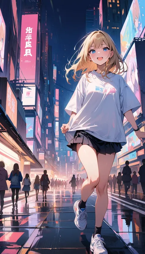 (masterpiece, best quality:1.2), very beautiful girl, blond hair, alone, downtown Tokyo, in front of the electronic display board, happy expression, blue eyes, Accurate face, Big shirt and short skirt, running shoes, 