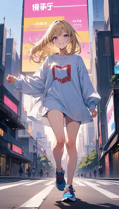 (masterpiece, best quality:1.2), very beautiful girl, blond hair, alone, downtown Tokyo, in front of the electronic display board, happy expression, blue eyes, Accurate face, Big shirt and short skirt, running shoes, 