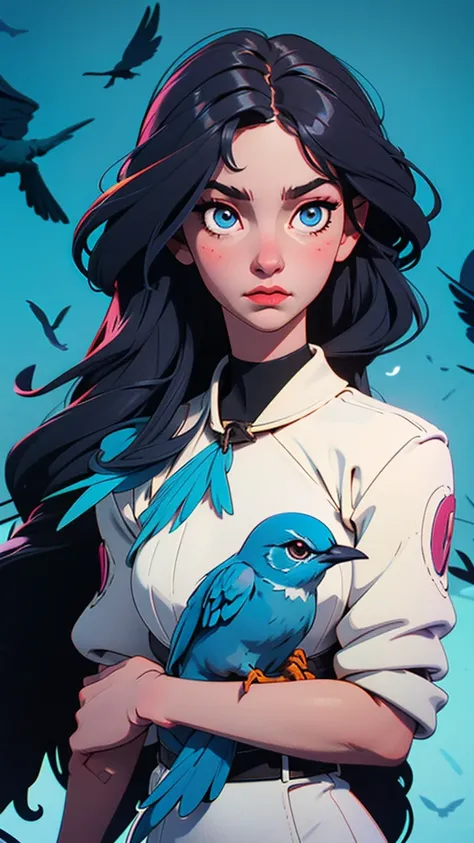 Stylized, surreal illustration featuring a young girl with pale skin and long, dark hair, partially obscured by a flock of vibrant blue birds. The birds, with their detailed feathers and expressive eyes, surround the girl closely, creating a sense of intim...