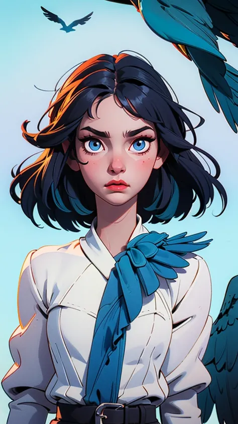 Stylized, surreal illustration featuring a young girl with pale skin and long, dark hair, partially obscured by a flock of vibrant blue birds. The birds, with their detailed feathers and expressive eyes, surround the girl closely, creating a sense of intim...