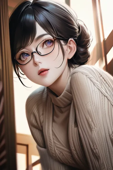 40 years old, Japanese women photos, Black Hair, Very elegant, wearing a knitted dress, Perfect rare face, Highly detailed skin), Skin Texture, White skin, Glossy Perfect Eyes, Realistic, Film Grain, Put one foot in front of the other、Looking up from below...