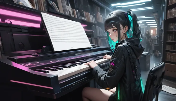 (best quality, masterpiece, ultra detailed, ultra high res, photorealistic, raw photo, absolutely resolution), Cyberpunk, 20 year old woman, playing the piano in the library, neon, green and silver