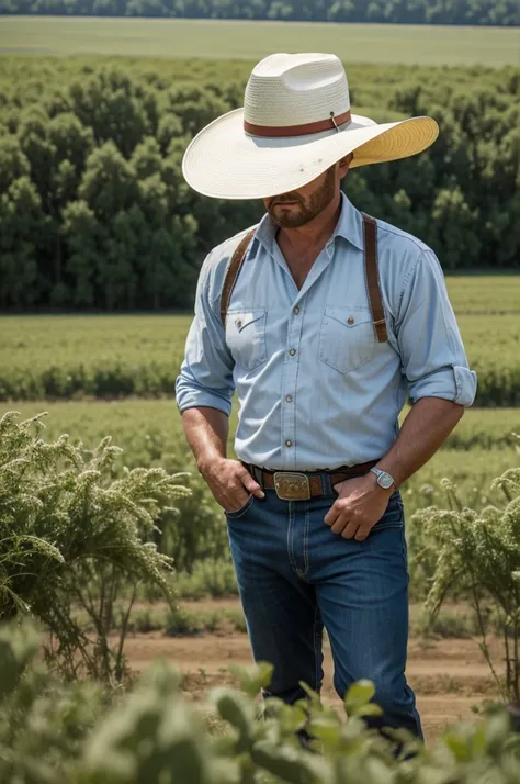 Mr. white farmer with a ranchero hat in a field full of mescales 