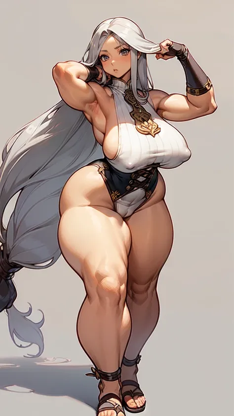 (masterpiece), best quality, female warrior, huge girl, female muscular:1.2, ((long hair:1.6)), (silver hair), big breast, (curvy:1.7), (((blank background))), ((full body)), fingerless gloves, sandals, sleeveless, covered nipples, detailed dress, ((straig...