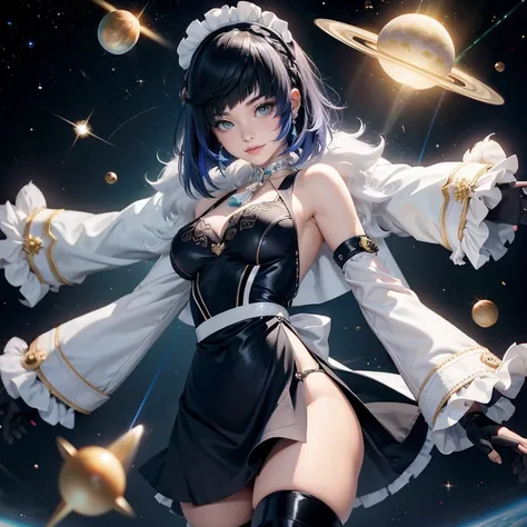 Short hair, navy hair, white roses, ornament hair, roses on her hair, maid, maid dress, maid headdress, maid apron, 1girl, white maid dress, jewelry, flowing hair, space scene, space scenery, maid dress with a short skirt and layers, navy laces, frills, bl...