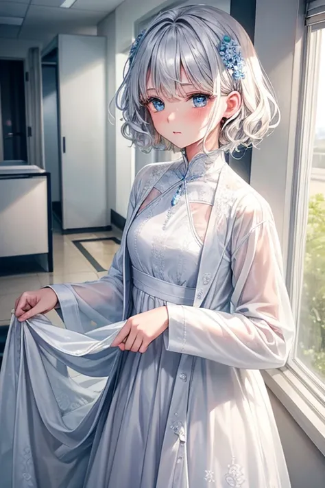 One Woman Man,Silver Hair,short hair,Curly Hair,Blue Eyes,White long dress_Floral,White long skirt_Floral,Wearing a white coat,Health Room,blush,Small ,,clear