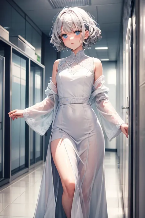 One Woman Man,Silver Hair,short hair,Curly Hair,Blue Eyes,White long dress_Floral,White long skirt_Floral,Wearing a white coat,Health Room,blush,Small ,,clear