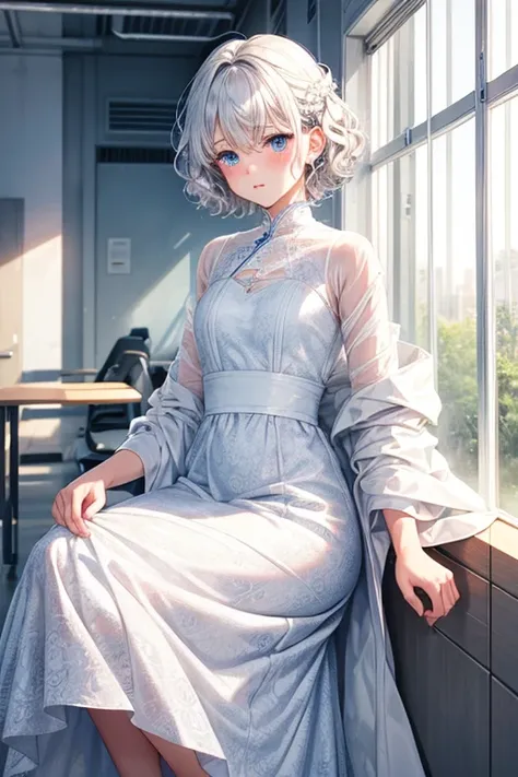 One Woman Man,Silver Hair,short hair,Curly Hair,Blue Eyes,White long dress_Floral,White long skirt_Floral,Wearing a white coat,Health Room,blush,Small ,,clear