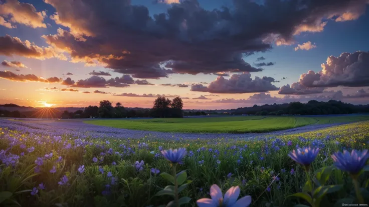 masterpiece , best quality ,sunset, field , blue flower , big flower,realistic,