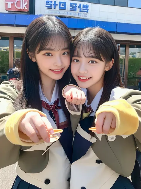 (A commemorative photo of a super cute Korean female college student duo eating hamburgers together in their school uniforms:1.2)(grin,smile:1.1)(Beautiful Sweat:1.1)(16K, RAW Photos, Highest quality, masterpiece: 1.2),(Glossy black hair with cute twin tai...