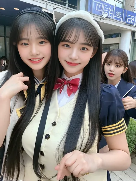 (A commemorative photo of a super cute Korean female college student duo eating hamburgers together in their school uniforms:1.2)(grin,smile:1.1)(Beautiful Sweat:1.1)(16K, RAW Photos, Highest quality, masterpiece: 1.2),(Glossy black hair with cute twin tai...