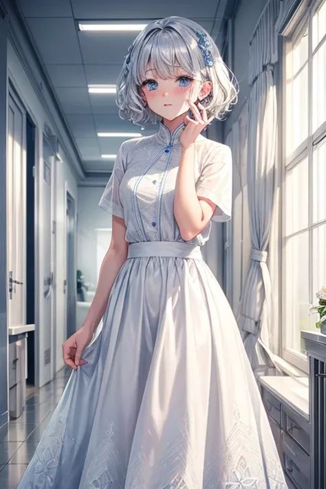 One Woman Man,Silver Hair,short hair,Curly Hair,Blue Eyes,White long dress_Floral,White long skirt_Floral,Wearing a white coat,Wearing a white coat,Health Room,blush,Small ,,clear