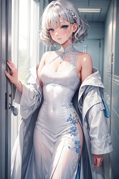 One Woman Man,Silver Hair,short hair,Curly Hair,Blue Eyes,White long dress_Floral,White long skirt_Floral,Wearing a white coat,Wearing a white coat,Health Room,blush,Small ,,clear